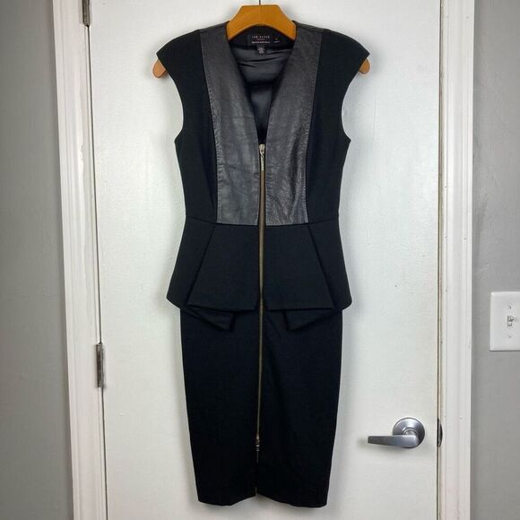 Ted Baker Rieta Black Leather Peplum Cap Sleeves Midi Dress Padded Shoulder US 4 - Picture 1 of 7